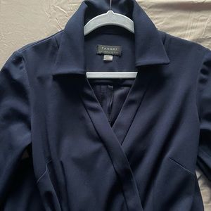 Tahari Dress Faux Wrap Gold Buckle Belt 3/4 Sleeve Sheath Navy Blue